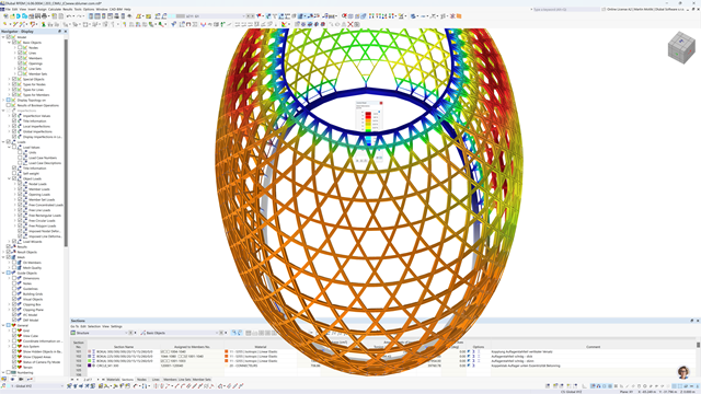 本图显示的是用于土木工程或建筑学的结构分析软件 RFEM 的屏幕截图。 The main view shows a 3D model of a multi-colored, toroidal lattice structure, where each color likely represents different stress values or materials.